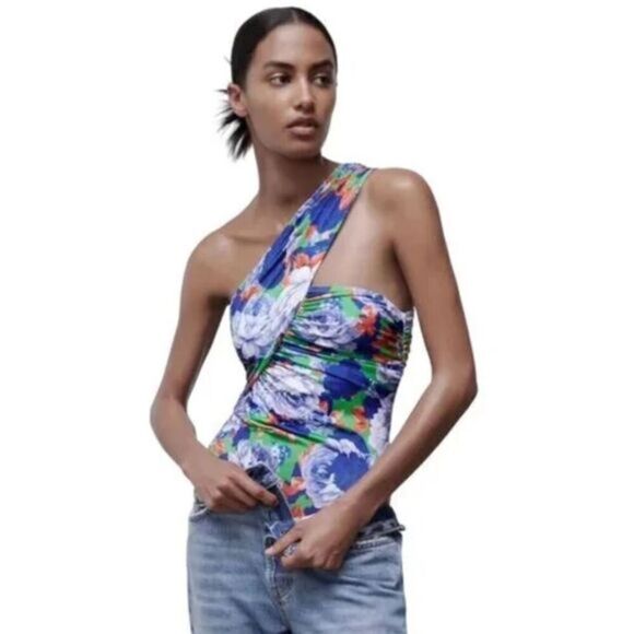 Zara Floral Print Asymmetrical One Shoulder Bodysuit - Picture 1 of 8